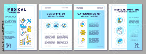 2D medical tourism creative brochure template, leaflet design with thin line icons, 4 vector layouts.