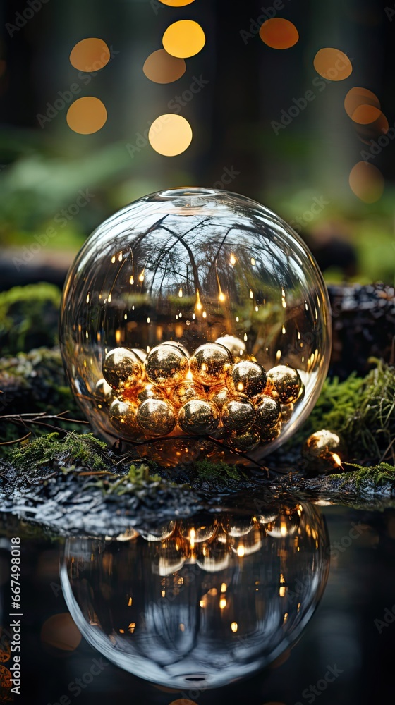 Minimal composition with glass ball, glass globe ball as decoration of interior. Christmas snow globe. Generative AI Minimal composition with glass ball, glass globe ball as decoration of interior. Christmas snow globe. Generative AI