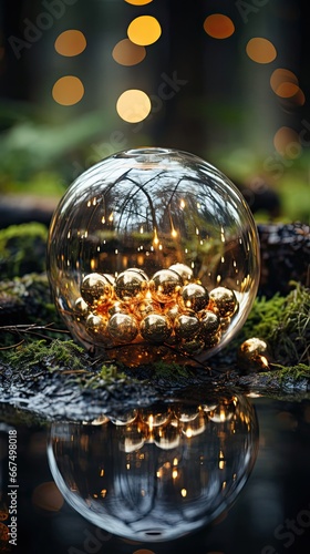 Minimal composition with glass ball, glass globe ball as decoration of interior. Christmas snow globe. Generative AI