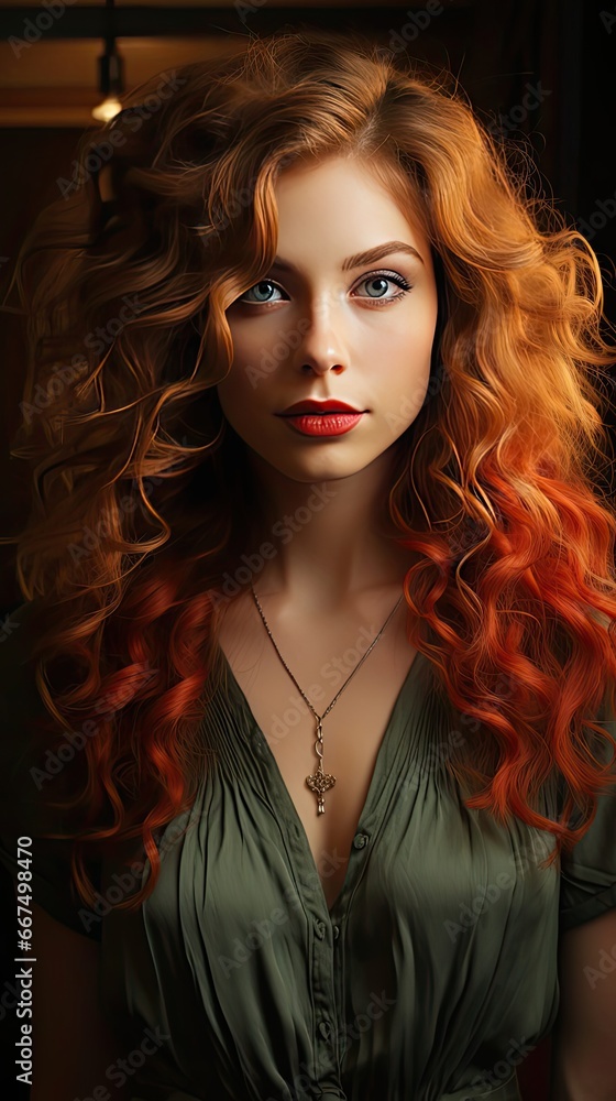 Beautiful smiling woman with long wavy hair. Girl curly hairstyle and red manicure nails. Beauty,makeup and cosmetics. Model illustration. Generative AI Beautiful smiling woman with long wavy hair. Girl curly hairstyle and red manicure nails. Beauty,makeup and cosmetics. Model illustration. Generative AI