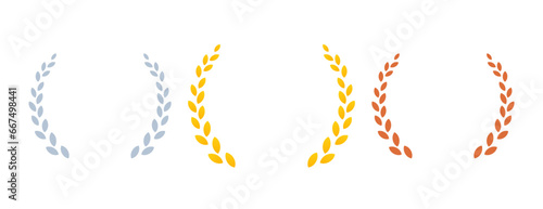 Gold, silver and bronze olive branches for awards. Olive branches in flat minimalistic style for design of medals, awards, certificates.