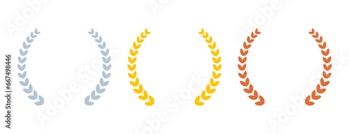 Gold, silver and bronze olive branches for awards. Olive branches in flat minimalistic style for design of medals, awards, certificates.