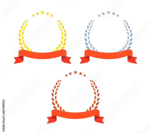 Gold, silver and bronze olive branches with decorative text frame. Olive branches in flat minimalistic style for decoration of medals, awards, certificates.