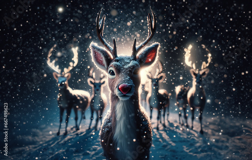 Rudolph The Red Nose Reindeer Looking Directly into Camera in North Pole Snowy Winter Wonderland Scene photo