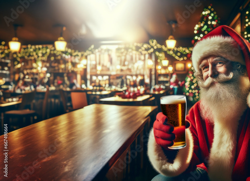 Santa Claus Drinking Beer at Happy Hour in Pub at Christmas Time or Mad Friday