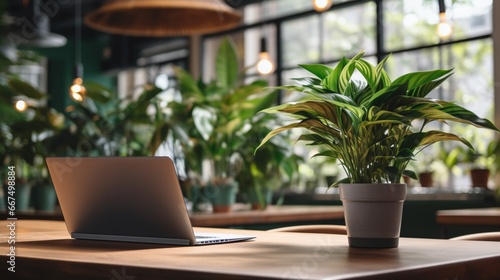 A Table Hosting a Laptop and Refreshing Plant in a Dynamic Coworking Space,