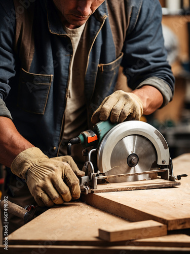 Skilled craftsman cutting a wooden plank with a circular saw in a workshop