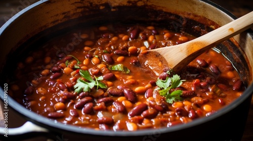 Aromatic Hominy Chili Simmering in a Pot, Stirred Gently with a Wooden Spoon, photo
