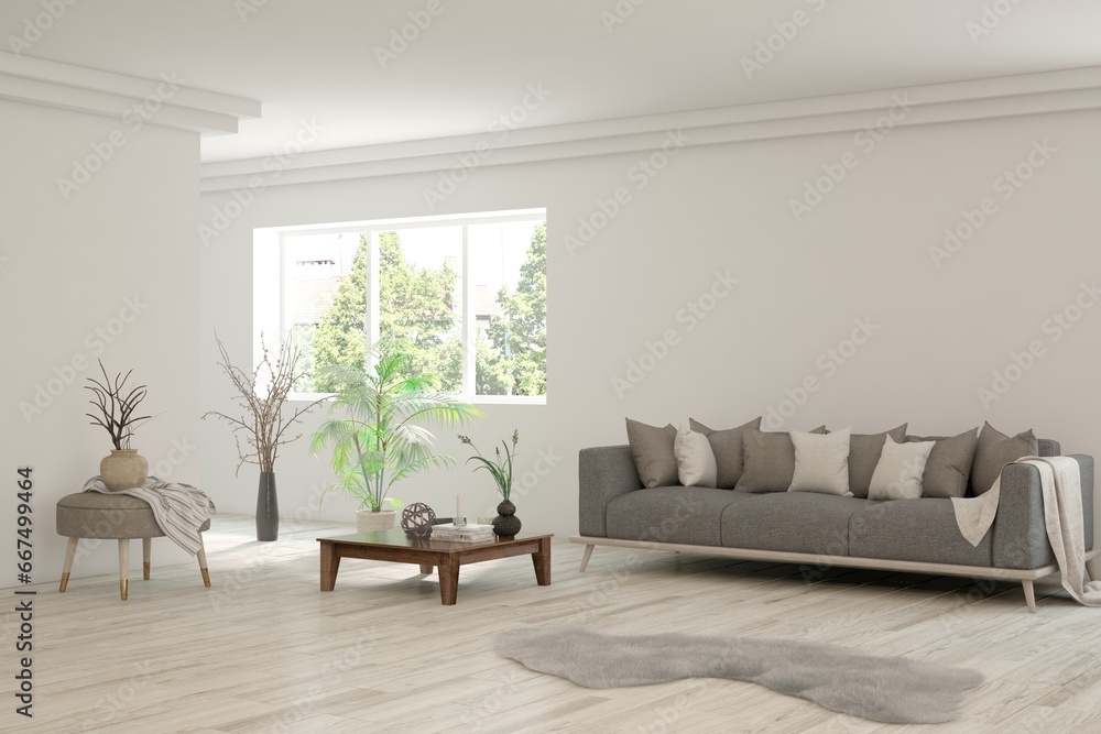 Fototapeta premium Bright interior design with modern furniture and summer landscape in window. 3D illustration