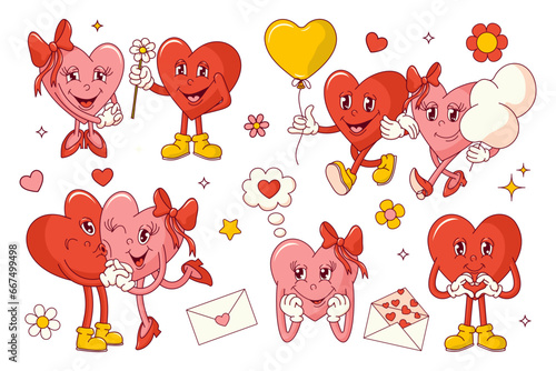 Groovy hearts couple character stickers set. Valentine's day. Retro vector illustration for poster, postcard, banner.