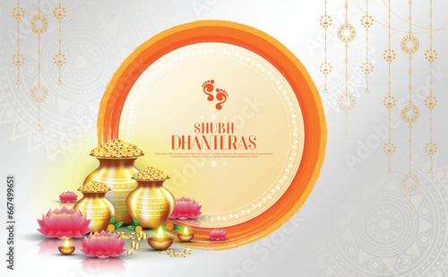 Happy Dhanteras - poster template design with gold coin in pot and decorative diya lamp.