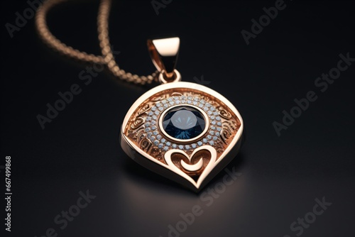 A necklace with gold pendant and evil eye in between photo