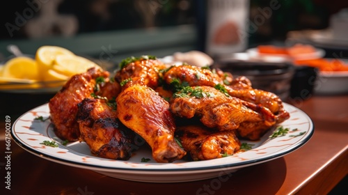 Close-Up Shot of Hot Cooked Chicken Meat Presented on a Plate, Placed on the Table,