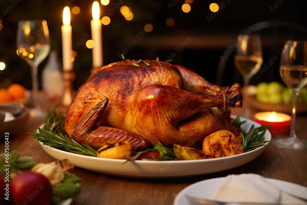 Happy thanksgiving day background roasted turkey with vegetables on dining table traditional holiday dinner Happy thanksgiving day background roasted turkey with vegetables on dining table traditional holiday dinner