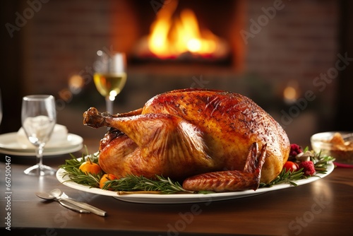 Happy thanksgiving day background roasted turkey with vegetables on dining table traditional holiday dinner 