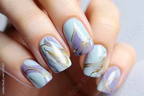 Beautiful nail paint design or art in gold, blue and purple color photo