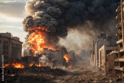 Burning building in the city. The concept of disasters and natural disasters.