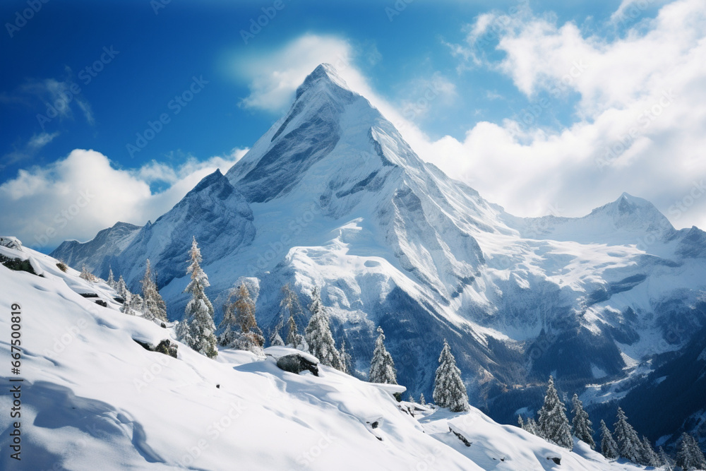 snow covered mountains with the beautiful blue sky view