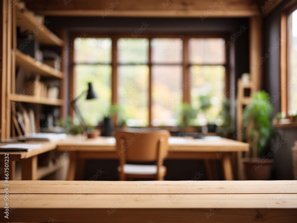 empty desk with defocused background in the woodworking studio with shelves that hold pieces of wood and some woodworking tools