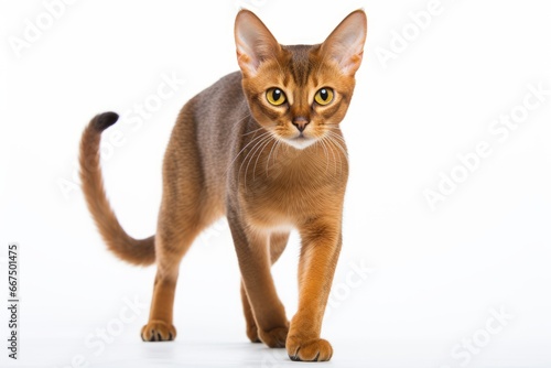 Photo of an agile Abyssinian cat in a playful stance on a pristine white surface. Generative AI