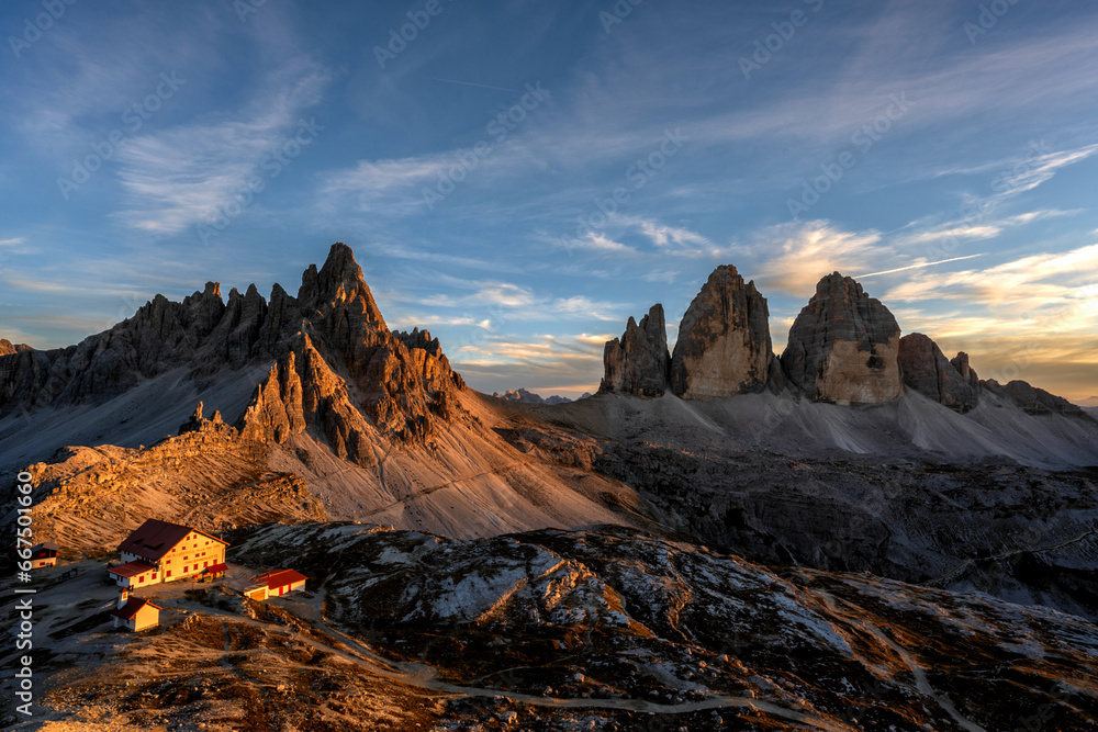 Tre Cime on top view. with a minimal sunrise. on Dlolomites ,Italy