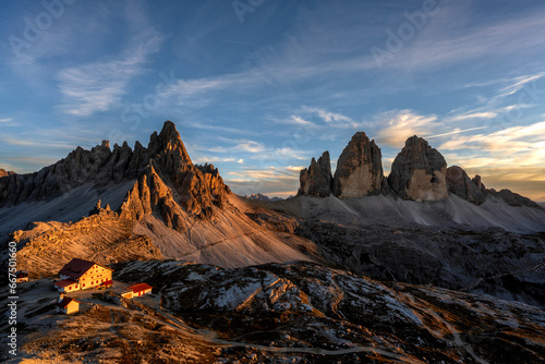Tre Cime on top view. with a minimal sunrise. on Dlolomites ,Italy © Peerawat