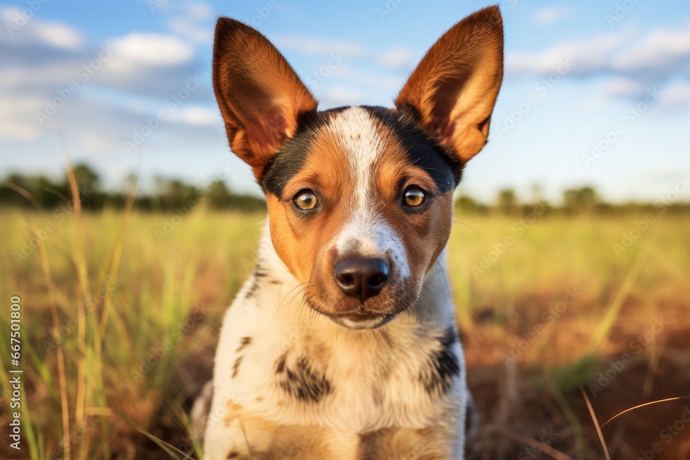Photo of an alert Australian Cattle Dog with striking markings on a clean white sheet. Generative AI