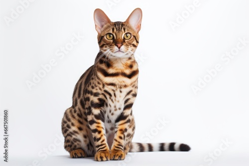 Photo of an alert Bengal cat with its distinctive leopard-like spots on a clean white surface. Generative AI