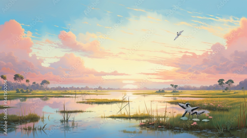 A serene marshland, home to diverse flora and fauna, under a pastel-colored sky.