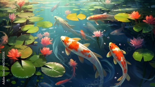 A serene pond, with lotus blossoms floating gracefully, koi fish swimming beneath.