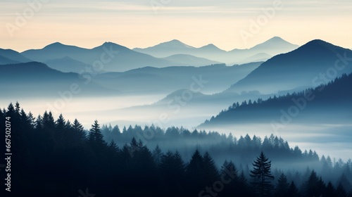 A serene view of a misty mountain range, with pine trees silhouetted against the early morning fog.
