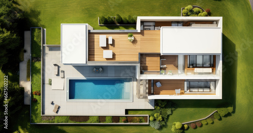 aerial view modern residence with patio and outdoor furniture