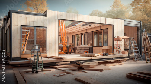 Construction of new and modern prefabricated modular house from wood panels