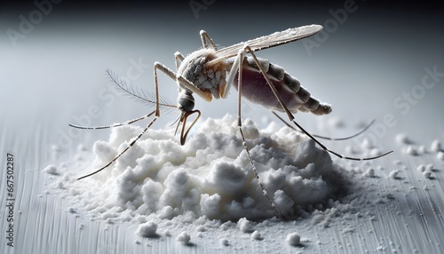 Macro shot of mosquito putting his head into white powder on the table