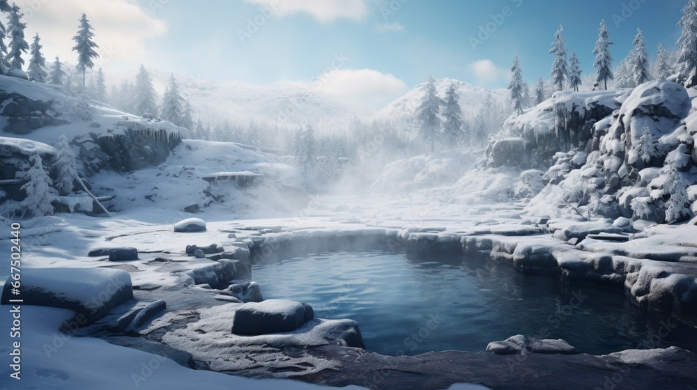 A steaming geothermal pool, nestled amidst snowy landscapes, inviting in its warmth.
