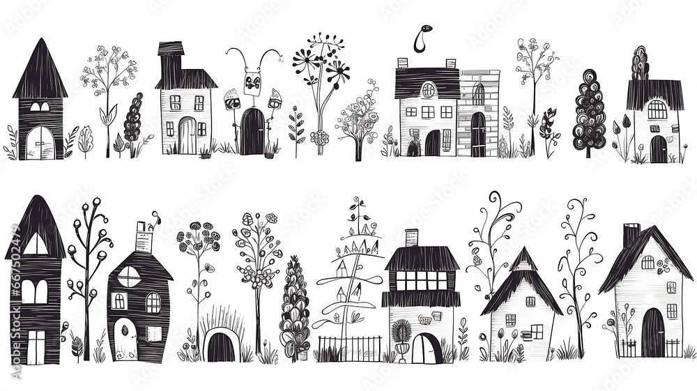 doodle black and white illustration outline of small houses for children's coloring, empty silhouettes of fictional abstract fairy-tale small houses