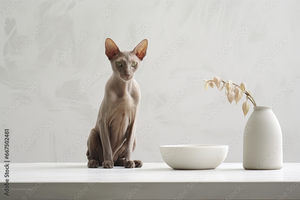 Photo of an elegant Oriental Shorthair cat with its slender build on a clean white table. Generative AI