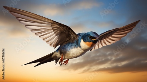 A swallow  in mid-flight  darting nimbly to catch insects in the warm evening air.