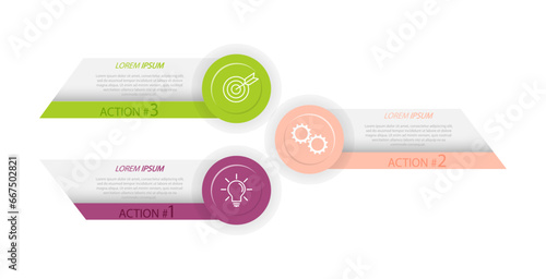 3 stages of development, improvement or training. Infographics with visual action icons for business, finance, project, plan or marketing