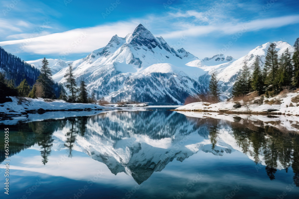 winter landscape frozen lake in the mountains, reflection winter landscape frozen lake in the mountains, reflection