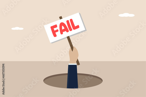 Business failure, work mistake, bankruptcy or failed businessman concept, businessman carrying a board saying failure. Vector business illustration.