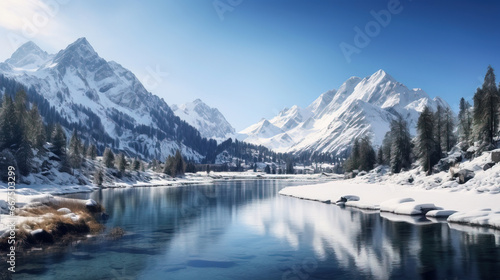 winter landscape frozen lake in the mountains  reflection 