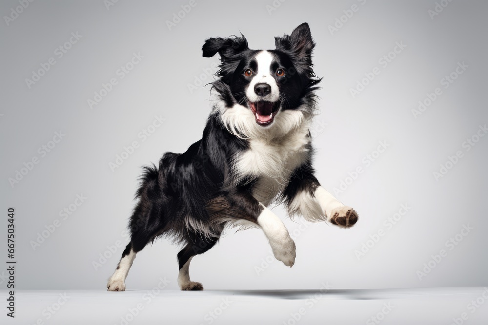 Photo of an energetic Border Collie in a herding stance against a clean white table. Generative AI