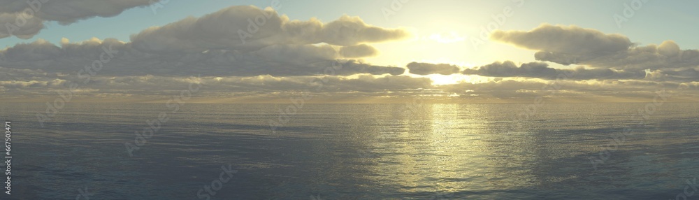 Panorama of sea sunset, ocean sunrise, seascape, 3d rendering
