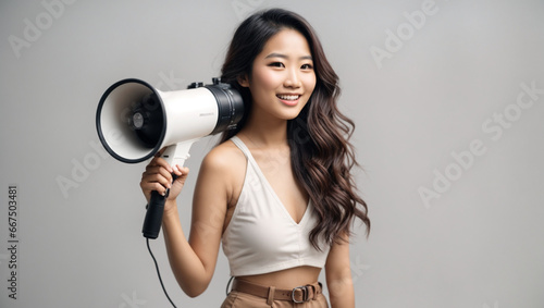 Portrait beautiful sexy young Asian woman smile with megaphone on White background