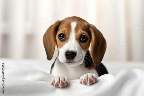 Photo of an inquisitive Beagle puppy sitting on a pure white sheet. Generative AI © Aditya