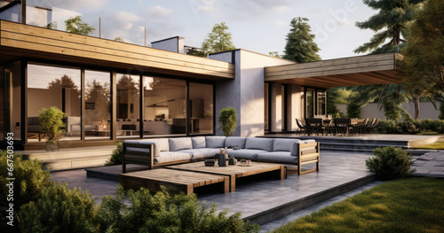 a modern house with a wooden deck and patio furniture