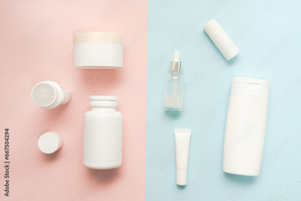 A lot of bottle and jar for cosmetic on two colored background A lot of bottle and jar for cosmetic on two colored background
