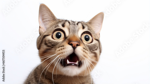 a frightened cat  an emotional portrait of fear isolated on a white background  a cat with big eyes is afraid