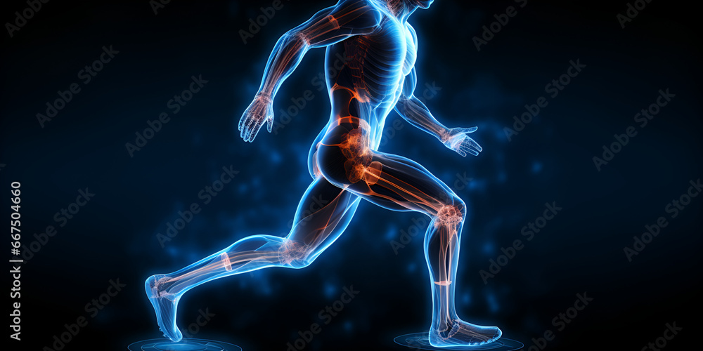 A fast running soccer player with blue light coming from his body Cardiovascular Heart Health and Exercise Banner Human Body Fitness with light black background Ai Generative
 - obrazy, fototapety, plakaty 
